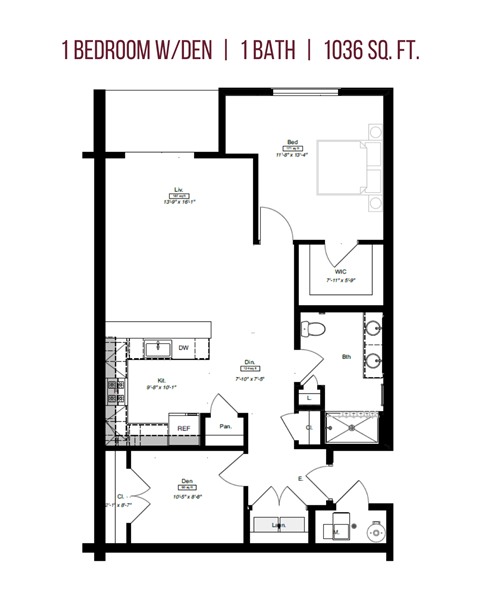 Floor plan for 1 bed, 1 bath, 1017 sqft